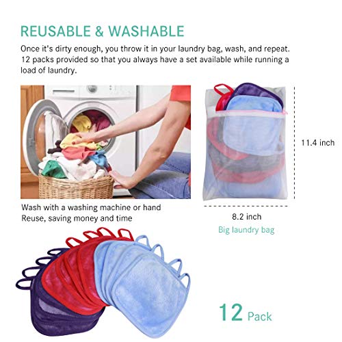 Kodamo Makeup Remover Cloth, 6 Inch X 6 Inch Reusable Makeup Remover Pads Washable Travel Bag, Microfiber Makeup Removal Face Wash Cloths With Just Water, Gentle Soft, Eco-Friendly, 12 Pack #TOP3