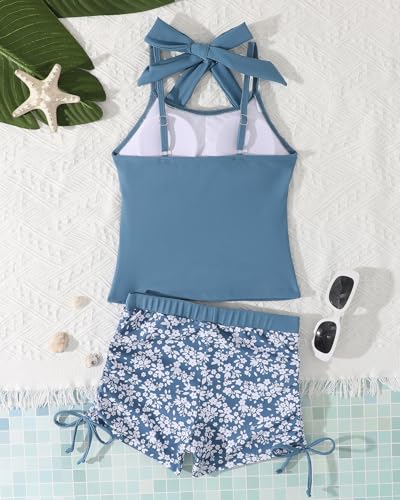 FishingDino Badeanzug Mädchen mit Gepolsterte BHS, Kinder Tankini Mädchen Set mit Neckholder Top & Boy Shorts, Teenager Schwimmshirt Schwimmanzug, Blaugraue Bäume 12-13 Jahre/152-158