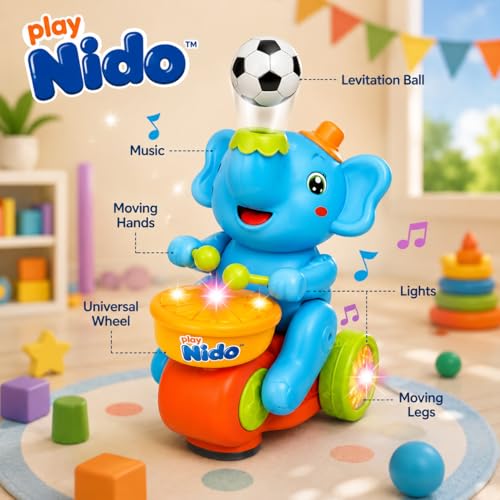 Image of Musical Elephant Toy for Kids with Lights, Drumming Action & Floating Ball | Moving Universal Wheel Toy with Music | Baby Crawling & Toddler Learning Toy for Boys & Girls 1+ Years
