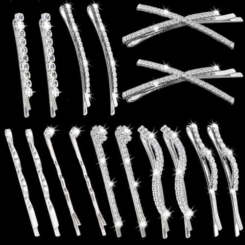16 Pieces Rhinestone Bobby Pins Set Delicate Decorative Crystal Hair Clips Shiny Metal Barrettes, I S X Shaped Diamond Hair Accessories for Women Ladies Wedding Prom Party(Silver Classic type)