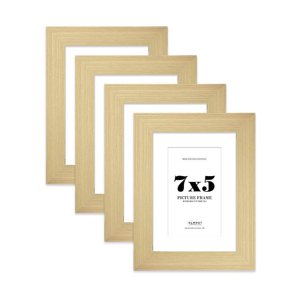 7x5" Gold Frame With Mount for 5x3" Pictures 28mm Edge Portrait and Landscape Display with Wall Hooks and Kickstand, 4 Pack
