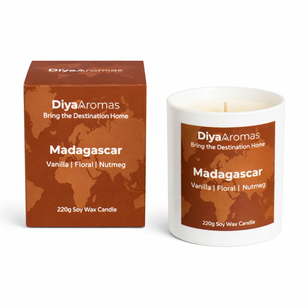 Diya Aromas White | Luxury Scented Candle 220G – Madagascar | Premium Warm Home Fragrance For Relaxation & Gifting | Vanilla, Nutmeg & Soft Floral, Soy Wax Candle, Cosy Elegant Home Ambience
