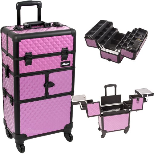 30.5 inch 360 Degree Rotating Wheels Rolling 2 in 1 Purple Diamond Textured Travel Professional Makeup Trolley w/Extendable Trays
