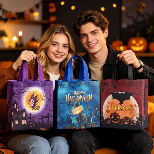 24 Pcs Halloween Trick or Treat Bags, 12 Designs Gift Bags with Handles, Reusable Non-Woven Halloween Tote Bags,Perfect for Halloween Gifts Wrap,Candy Goodie Packs,Party Favor Supplies,7.9"×7.9"×3.15" - image 2