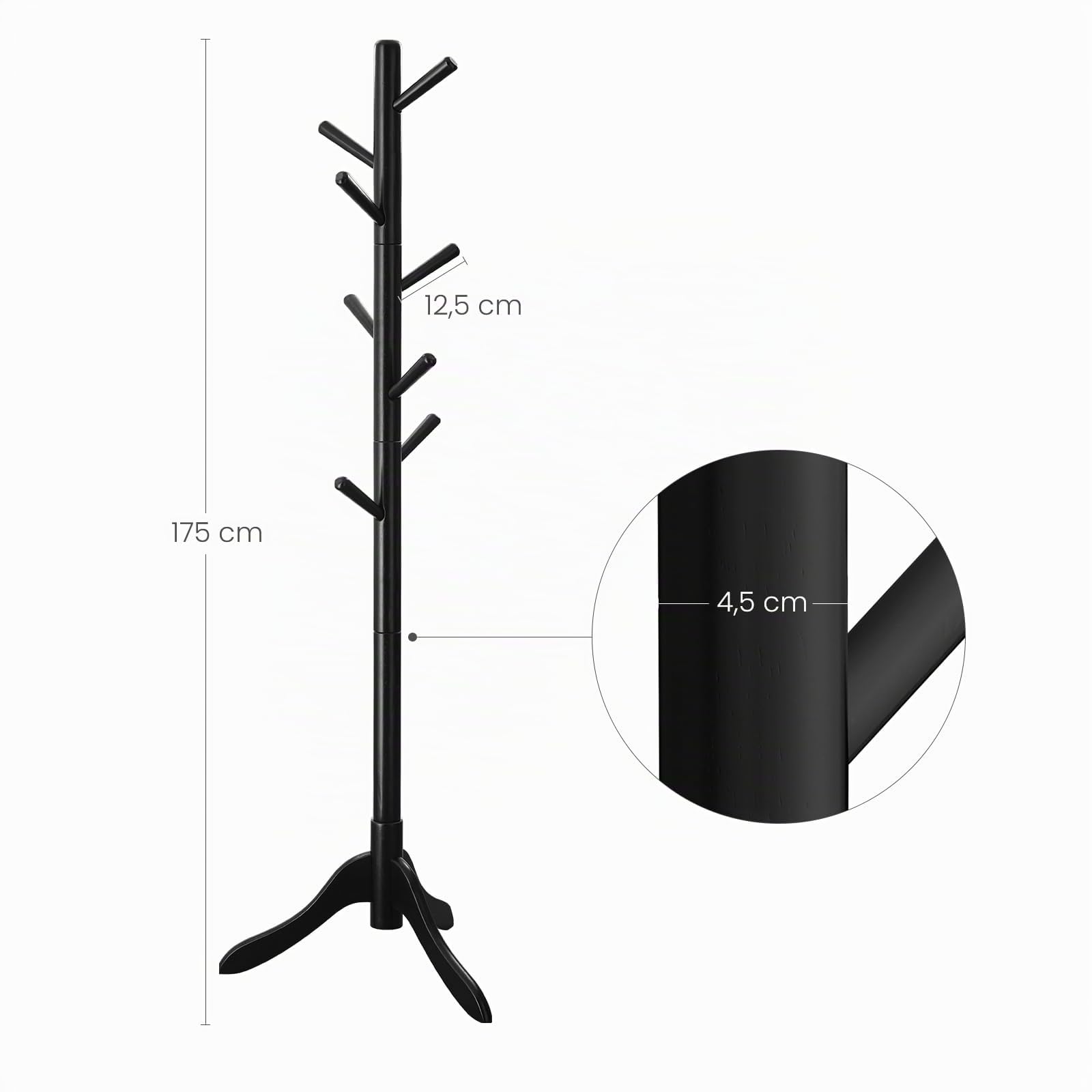 VASAGLE Attaccapanni da Terra, Appendiabiti in Legno a Forma di Albero, 8 Ganci, 3 Altezze Regolabili, per Vestiti Cappelli Borse, Ingresso Camera da Letto Ufficio, Nero RCR001B01
