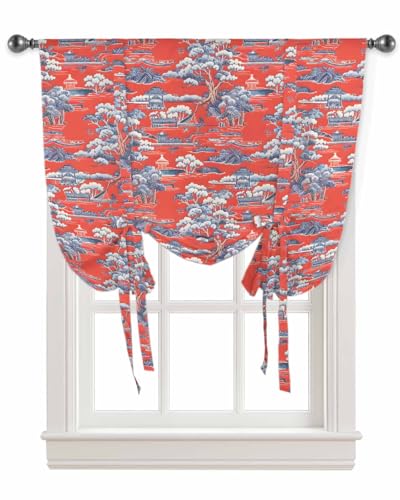 Tie Up Curtains for Windows Vintage Red Chinoiserie Garden Rod Pocket Tie-Up Window Shade Adjustable Balloon Curtain Valance Retro Forest Landscape for Bedroom Kitchen Bathroom Blinds,34x45in