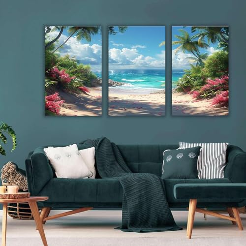 Tableau plage fleurs roses déco zen salon pour mur vide