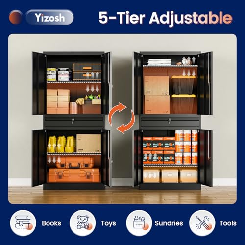 Image of Yizosh Metal Garage Storage Cabinet with Locking Doors and Adjustable Shelves, 71 inch Tool Storage Cabinet with 1 Drawer for Garage,Warehouse (Black)