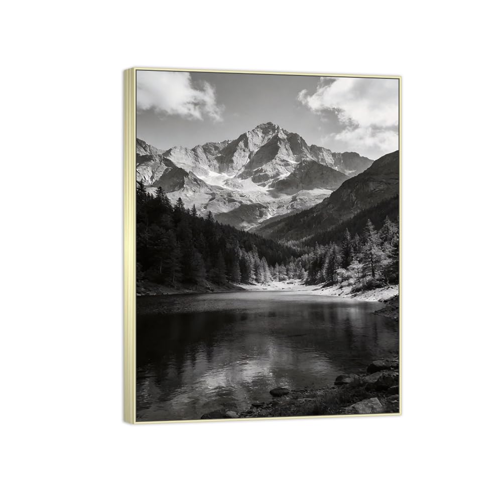 Lake Mountain 3 Black White Landscape Canvas Picture 90x117cm Silver Frame