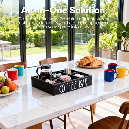 POCREATION Coffee Station Organizer, Wooden Countertop Coffee Bar Holder for Kitchen, Black Coffee Pod Storage Box with Compartments for Tea Bags and Sugar Packets