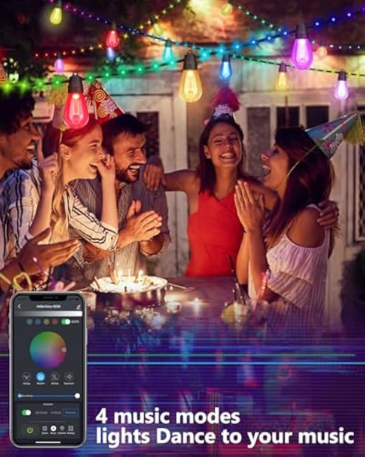 Smart Outdoor Patio Lights - 46ft Smart S14 Independence Day String Lights, Waterproof Shatterproof Bluetooth APP Remote Control Dimmable for Balcony, Backyard, Party, Holiday (RGB & Warm White)
