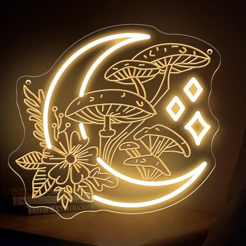 Moon and Mushrooms Neon Sign Warm White Boho Mushroom LED Wall Light Moon Mushroom Wall Decor for Bedroom Living Room Nursery Reading Nook 13.8 x 12.6