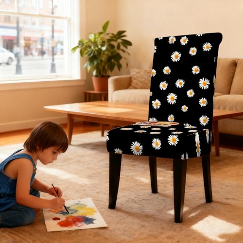 Image of Nuxovilar 4PCS White Daisy Black Background Stretch Chair Covers | Stretch Slipcover Furniture Protector Daisy Wrap Seat Guard Dining Room Kitchen Cafe House (White Daisy Pattern)