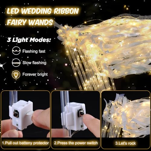 28PCS Light up Wands for wedding, Wedding Wands Streamers with 3 Colorful Flashing Modes, Fairy Wands, LED Silk Fairy Wand with Bells for Wedding, New Year, Thanksgiving, Concert - Image 4