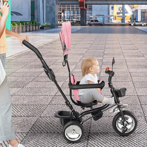OHMG 4-in-1 Baby-Dreirad, zusammenklappbares Sonnensegel, Kinderfahrrad, evolutionäres Dreirad, Dreirad mit Pedalen und 3-Punkt-Gurten, Babyfahrrad, mit praktischem Zubehör, zwei Körben, 9 Monate – Bild 7
