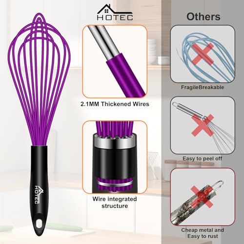 Image of HOTEC 4 Pieces Silicone Whisks Set, Wire Balloon Whisks for cooking Egg Beater, Non-slip Handle Whisk for Non-stick Cookware Perfect for Cooking, Stirring, Beating and Blending,Purple