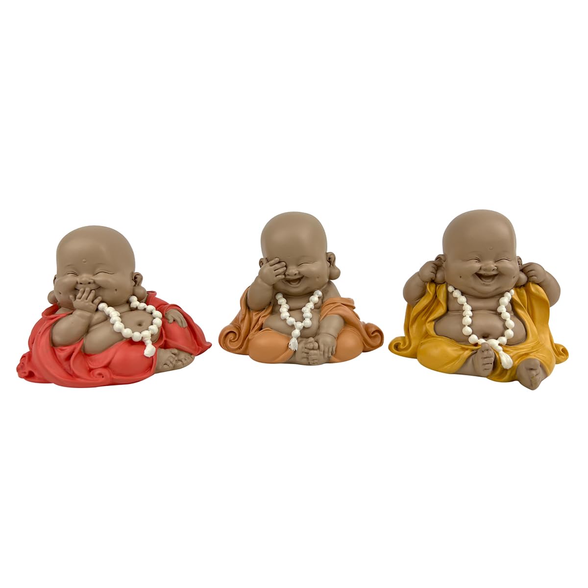 Générique Set de 3 Statues Bouddha Rieur de la Sagesse, Décoration Zen, 10 cm, polyrésine, Couleurs Chaudes