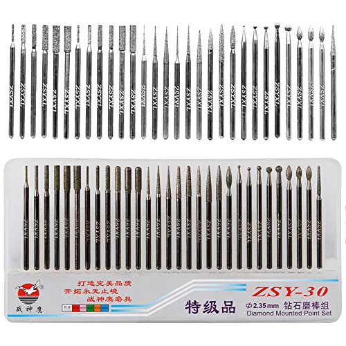 Treki 30PCS Fraises Diamant 2.35mm Tige Fraises Diamantées Titane Fraises à Limes Rotatives Accessoires Fraises Bavure à Limes pour Graver sur Céramique Pierre Verre...
