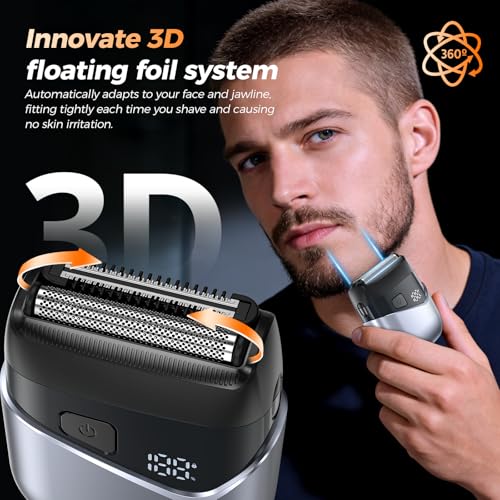 Image of Electric Foil Shavers for Men- New Version Mini Electric Razor with 3D Floating Heads & Precision Blades, Portable Cordless Electric Shaver IPX7 Waterproof, LED Display & Fast Charge