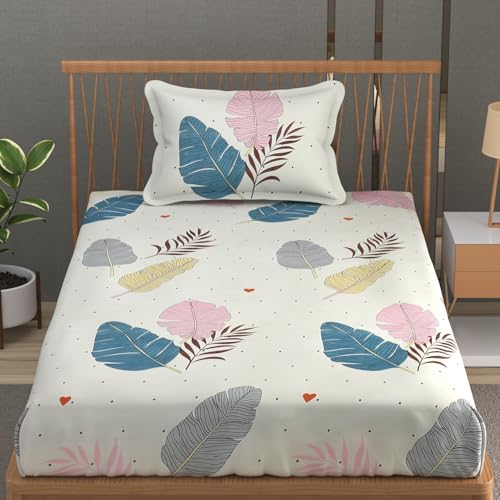 Image of Premium Heavy Cotton Elastic Fitted Bedsheets with 1 King Size Pillow Covers | Single Bed with All Around Elastic 350 TC | 36 x 78 x 6 Inch Single Size Fitted | - Colorfull Wings