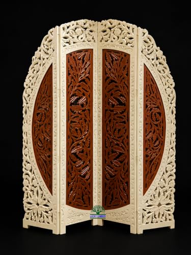 Image of Wooden Room Divider Partition for Living Room | Foldable 4 Panel Decorative Privacy Screen Separator for Home, Office & Bedroom | Modern (Cream & Brown)