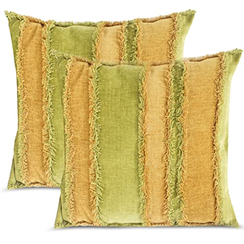 Image of Encasa XO Chenille Cushion Covers (Pack of 2) with Patchwork 40x40 cm - Mix & Match Pillow Covers in Bright Colours for Living Room, Sofa, Bedroom - Olive+Mustard