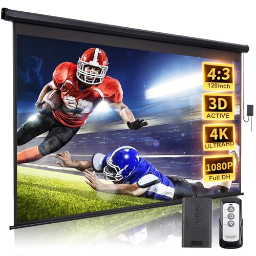 Pantalla de proyector de 120 pulgadas motorizada 4:3 HD eléctrica con control remoto, pantallas de proyección automáticas negras, retráctiles, montaje en pared, pantallas de cine para exteriores e