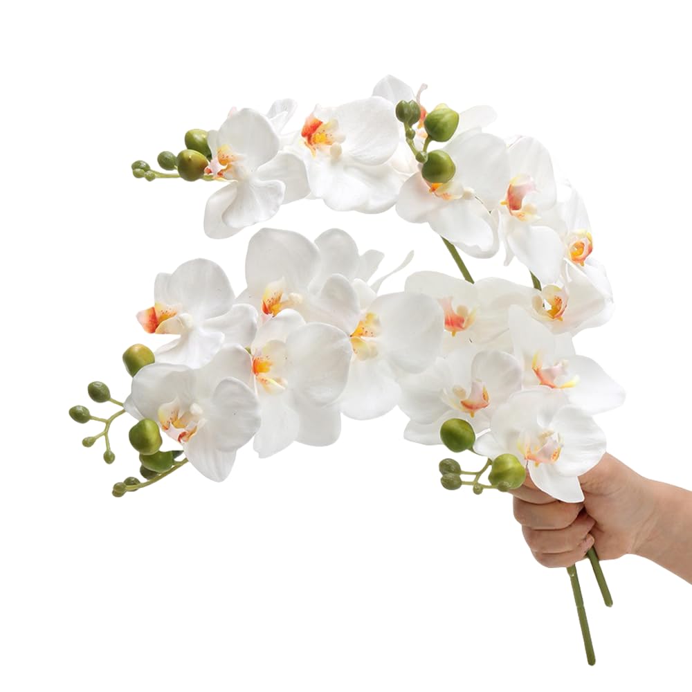 TONGMAN 18" Artificial Silk Phalaenopsis Flowers 2 Bundles Artificial Orchid Flowers Stem Plants in White Fake Butterfly Phalaenopsis Flowers for Home Wedding Party Décor (White 2PCS)