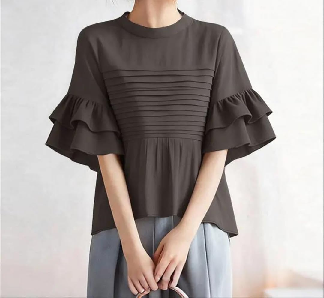 Camicette estive da donna eleganti da lavoro in ufficio o collo a maniche corte camicia elegante tinta unita plissettata tunica top