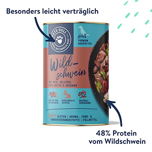 Pets Deli Nassfutter für Hunde mit Wildschwein mit Reis, Sellerie, Rote Bete und Oregano ohne Zucker und Gluten 6 x 800g