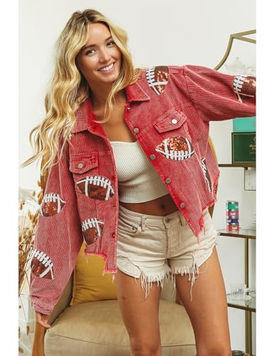 Perbai Womens Cropped Corduroy Jacket Football Sequin College Gameday Raw Hem Short Shacket Coat3