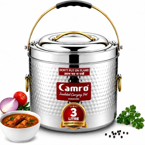 Image of Camro Sambar Pot Hammered | Sambar Pot with Lid | Casserole for Cooking | Canteen & Hotel Casserole Container | Picnic Hot | Biryani Box Hot & Cold Serving (3 Liters)