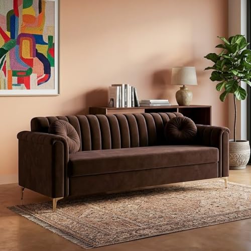 Image of FURNY Dorino 3 Seater Fabric Sofa Set (Dark Brown) Premium Velvet Finish Durable & Comfortable Ideal for Living Room