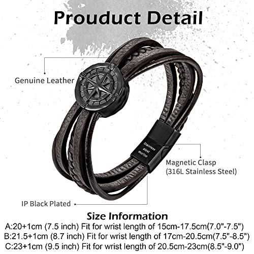 Image of murtoo Men's Bracelet Leather with Compass, Braided Leather Bracelets for Men Magnetic Clasp 7.5 /8.5 /9.5 inch Gift for Husband Boyfriend Father