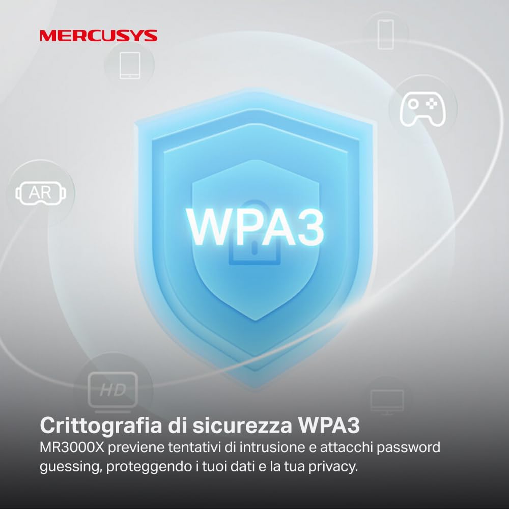Mercusys TP-Link MR3000X AX3000Mbps Router WiFi 6 Dual-Band, 4 Porta Gigabit, 2402Mbps su 5 GHz e 574Mbps su 2,4 GHz, 4 Antenne Ad Alto Guadagno, OFDMA, WPA3, Canali da 160MHz,VPN, non supporta xDSL