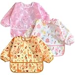 PandaEar 3 Pack Baby Weaning Bibs with Sleeves for Girls| Waterproof Toddler Bibs Long Sleeve Bibs 6-12-24 Months| Baby Feeding Aprons for Eating| Mess Proof Full Bib with Sleeves