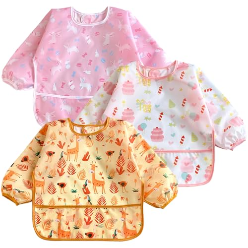 Image of PandaEar (3 Pack Long Sleeve Bibs| Waterproof Full Sleeve Bib for Baby Infant Toddler 6-36 Months