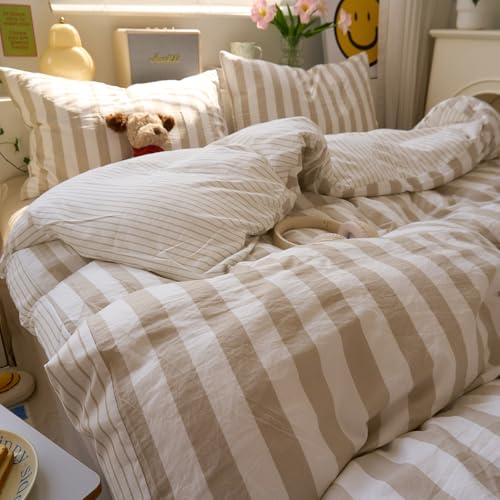 Image of LifeTB Vintage Striped Comforter Set King, 3 Piece Brown White Stripes Pattern Printed Comforter with 2 Pillowcases, Soft Breathable Khaki Striped Bedding Comforter Boho Farmhouse King Comforter Set