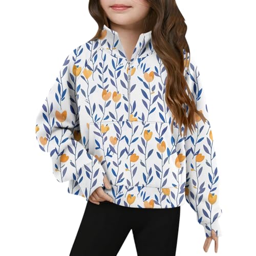 Girls Floral Print Sweatshirt Half Zip Stand Collar Loose Long Sleeve Pullover T-Shirts Casual Tee Tops for Kids 5-14 Years