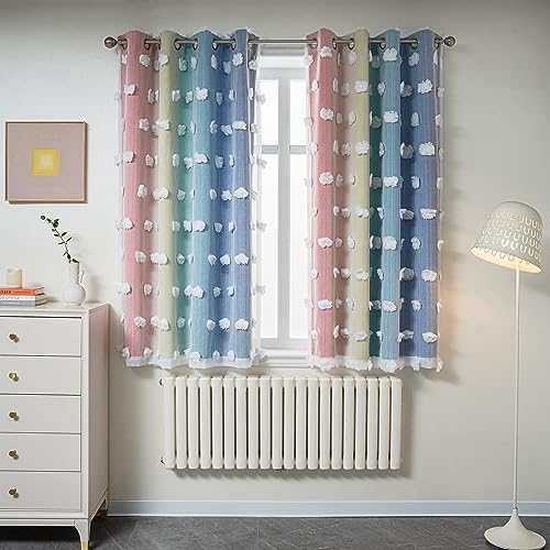 Image of MYSKY HOME Pom Pom Sheer and Blackout Curtains Double Layer Rainbow Curtains 63 Inches Long Kids Curtains for Girls Bedroom Son Room Ombre Room Darkening Grommet Rainbow 52 x 63 in 2 Panels