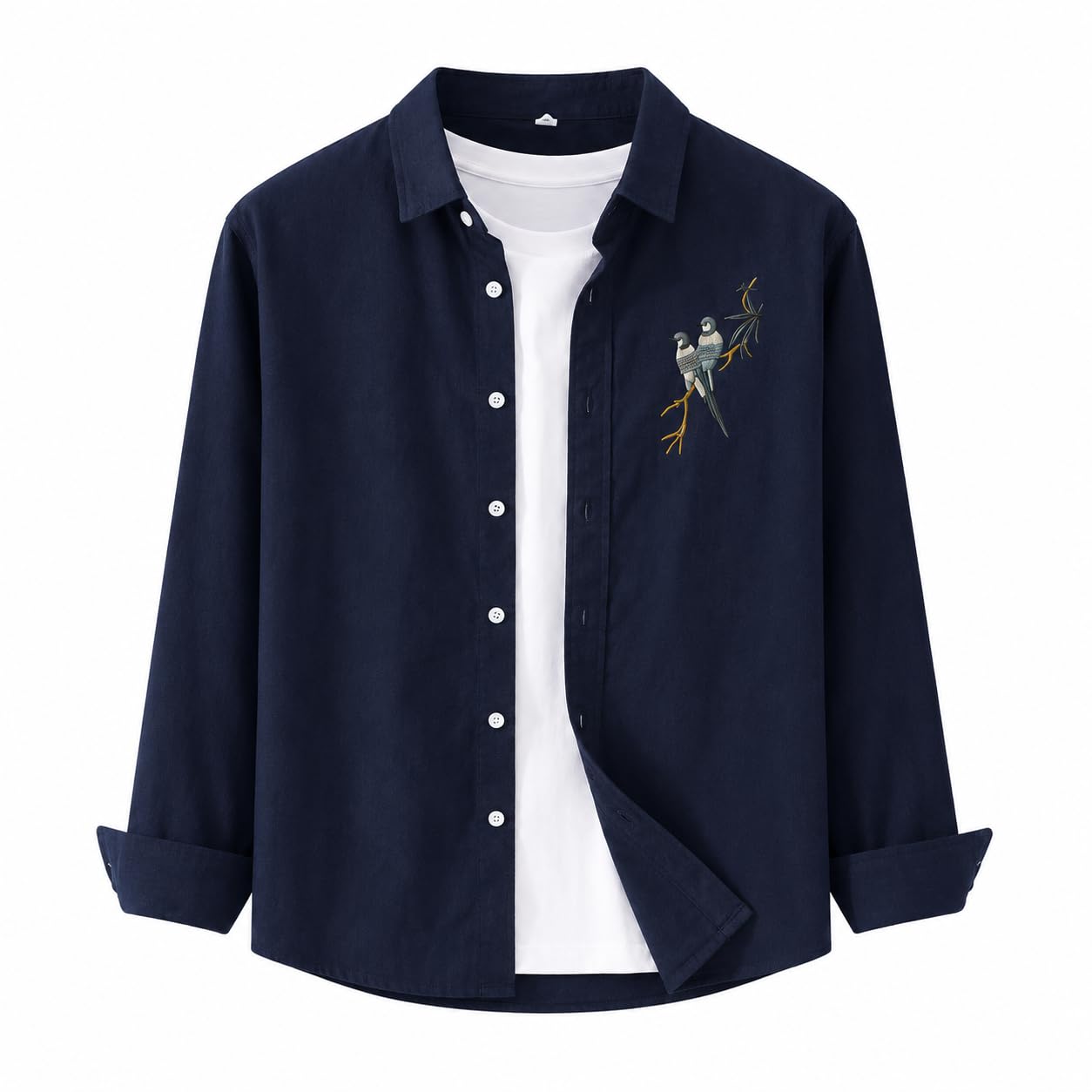 Men's Brown Corduroy Long Sleeve Shirt with Bird Embroidery-picture-36