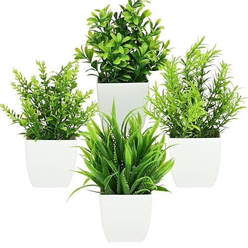 CECOMBINE 4 Stück Mini Künstliche Pflanzen mit Topf Kunststoff Gefälschte Pflanzen, Pflanzen Wie Echt im Topf Klein Kunstpflanze für Home, Büro, Tisch Dekor, Garten, Badezimmer
