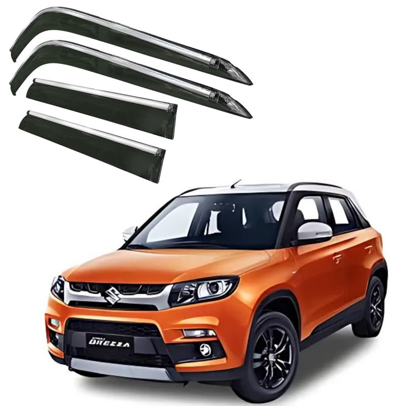 Image of CAR SAAZ Side Door Visors for Brezza Type 1 & 2 (2016-2019) (Set of 4Pcs) |Chrome Lined Rain Guards, Polycarbonate, Smoke Finish