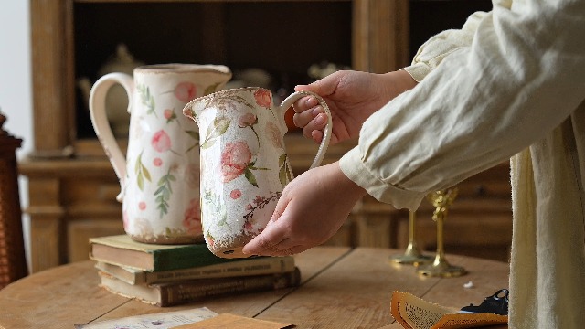 Vintage Fruit and Floral Ceramic Vase with Handle, Retro Ice