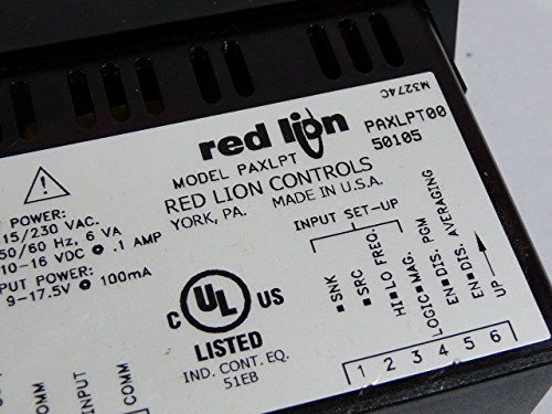 Close-up of Red Lion PAXLPT label with electrical warnings and specifications