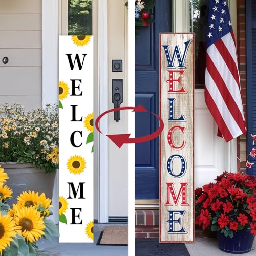 DIYOOHOMY Two Sided Summer 4th of July Porch Sign, Wooden Sunflower Patriotic Independence Day Welcome Sign for Front Door Decor, Tall Vertical Leaner Standing Americana Outdoor Decorations