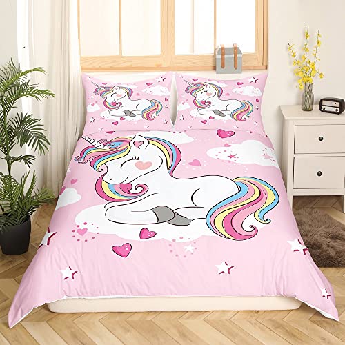 Loussiesd Unicorn Duvet Cover Set for Kids Girls Pink Heart Bedding Set Unicorn Gifts Comforter Cover Cute Bedding Double - Image 4