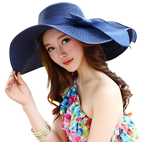 erioctry Sombrero de Paja para Mujer, de ala Ancha y Grande, Plegable, para Verano, natación, jardín, Playa, para Vacaciones, Viajes, Azul, Mediano