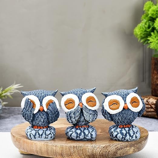 YUMERIX Set of 3 Antique Finish Owl Showpieces for Home Decor - Multicolor Polyresin Decorative Figurines for Living Room & Gifting (9 cm)-image-43