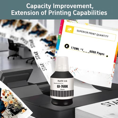 Image of KOSH GI-76 Ink Suitable Bulk Bottle Water Based Refill Ink for Canon MAXIFY GX5070,GX6070,GX7070 Printers 135ml Each Bottle (1, Black Pack of 1)